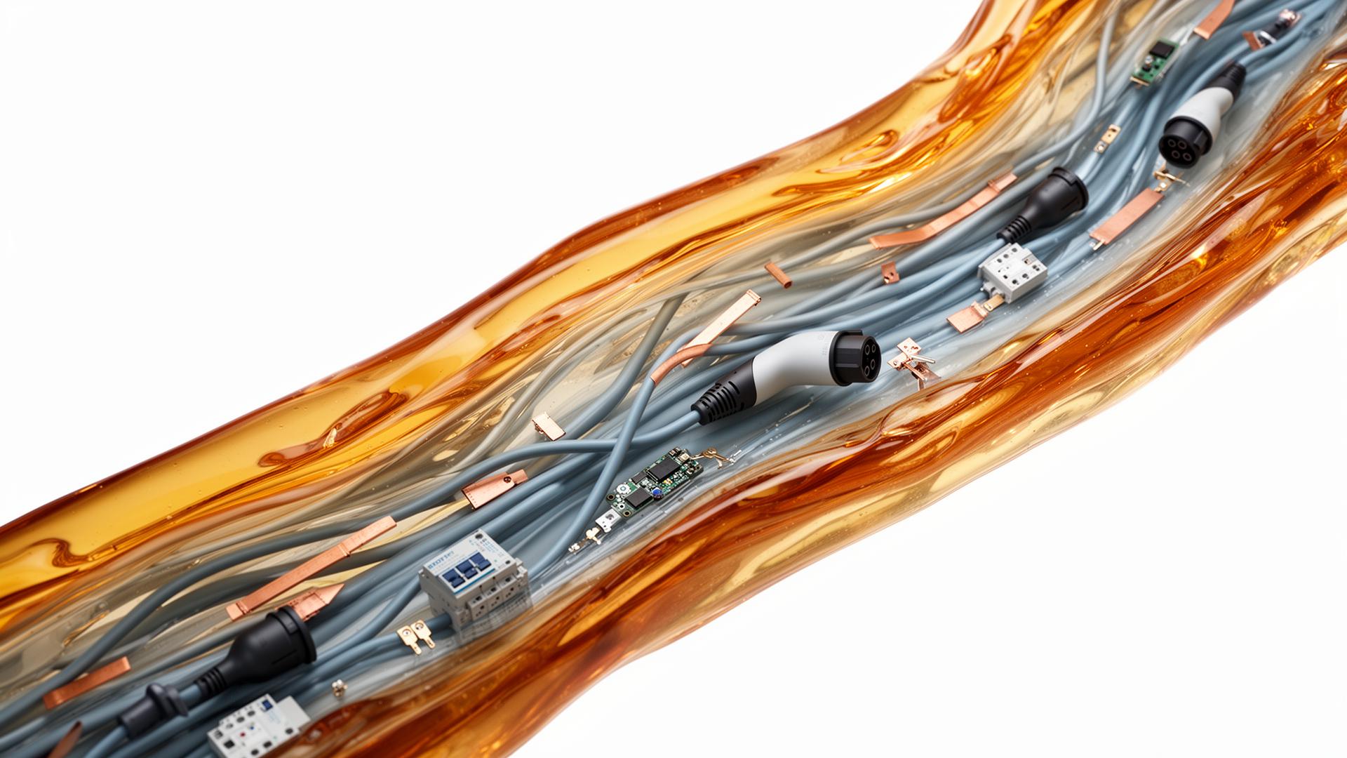 Liquid flow with EV chargers, cables and electric car